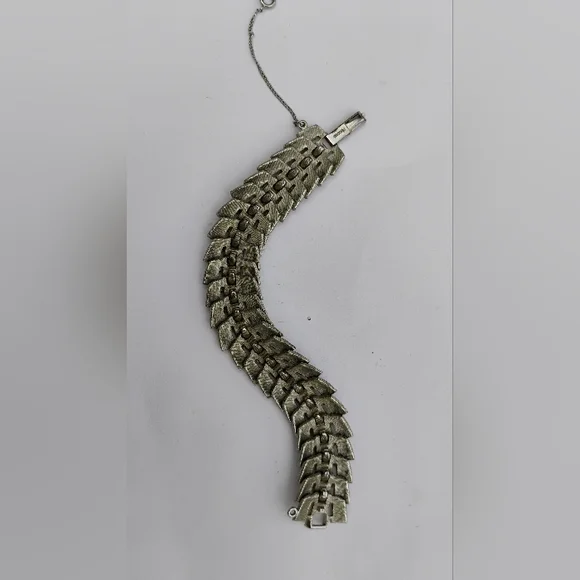 Art Deco Puccini Metal Crocodile Style Bracelet Wide Signed Silver Toned - Picture 12 of 15